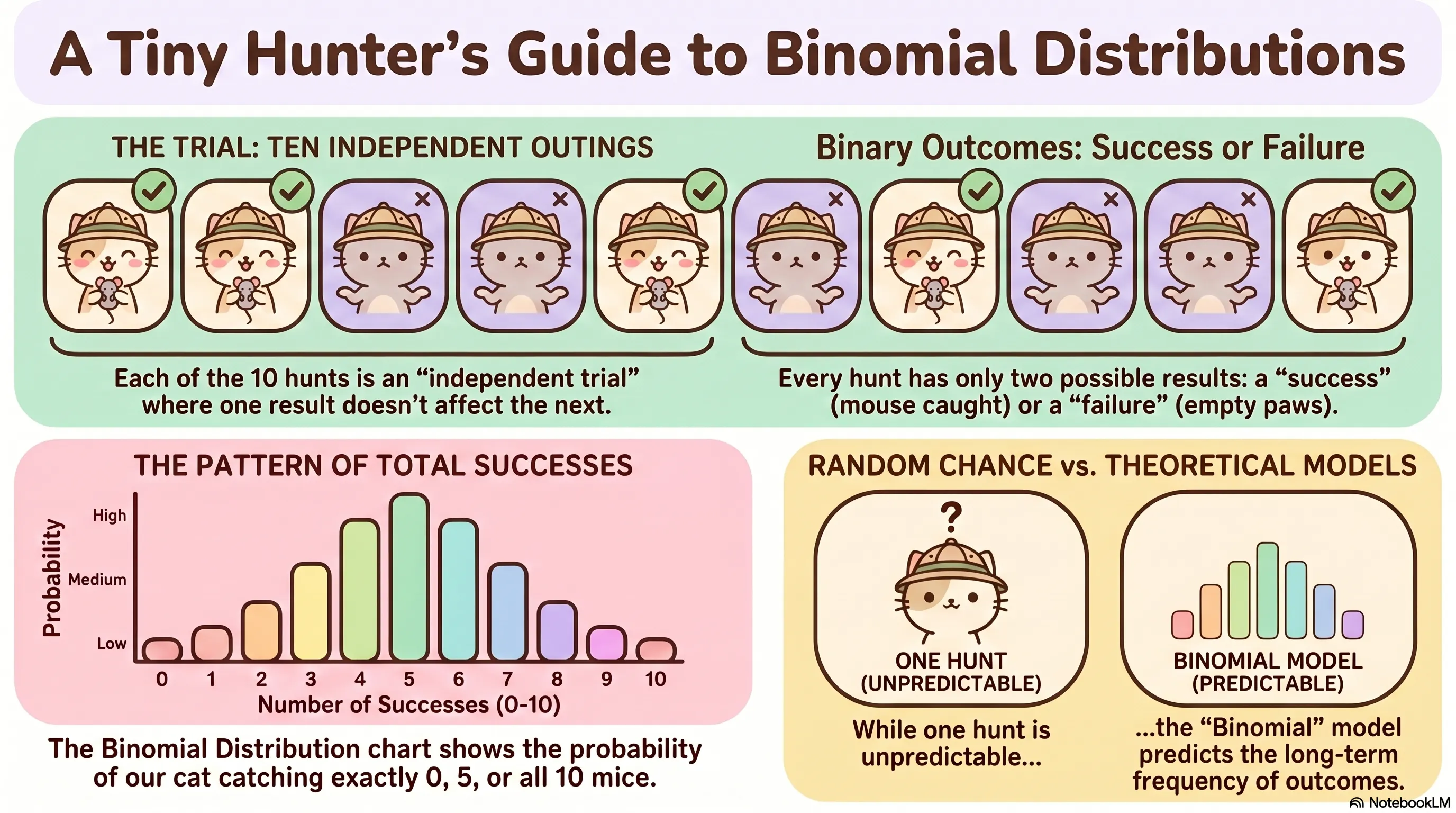 Binomial distribution models probabilities of two outcomes